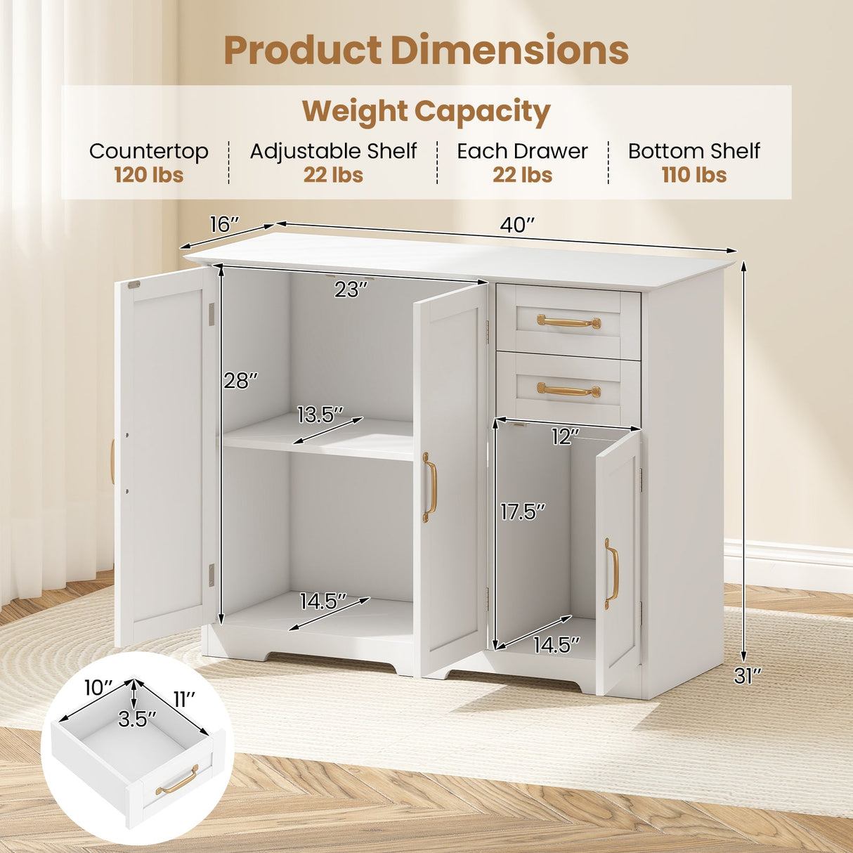 Aparador de cocina moderno de 40 pulgadas con 2 cajones y estante ajustable