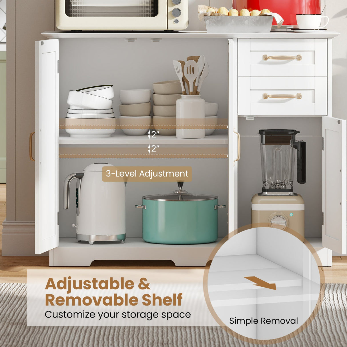 Aparador de cocina moderno de 40 pulgadas con 2 cajones y estante ajustable