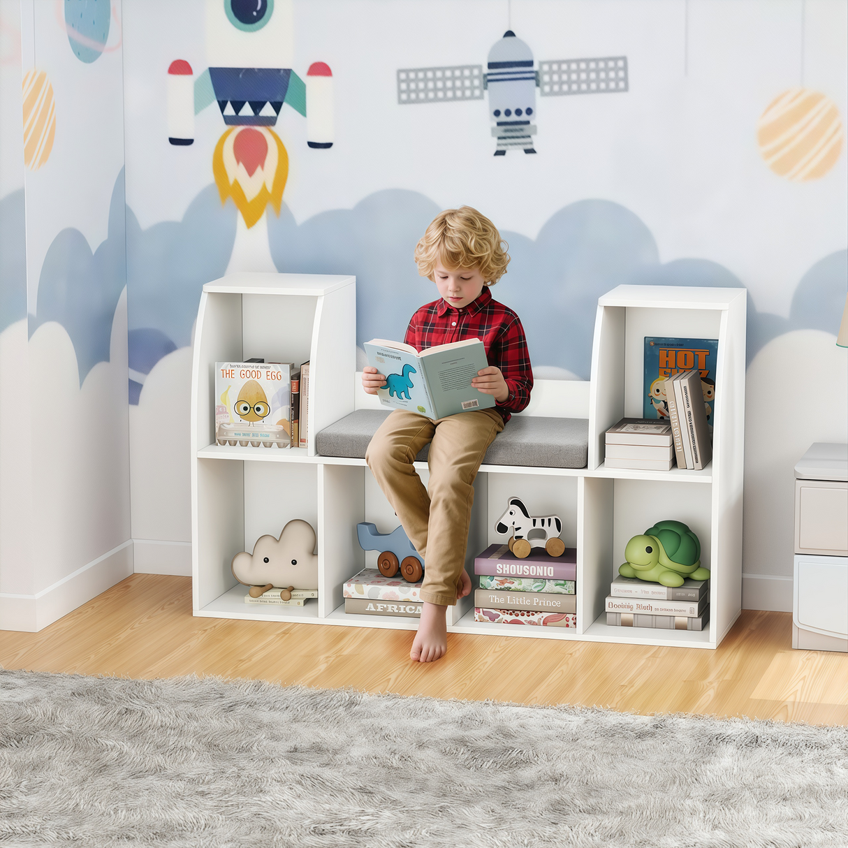Estantería de 101,6 cm para niños con rincón de lectura, con 6 cubos abiertos, color blanco