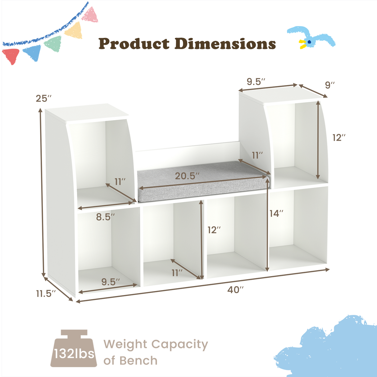 Estantería de 101,6 cm para niños con rincón de lectura, con 6 cubos abiertos, color blanco