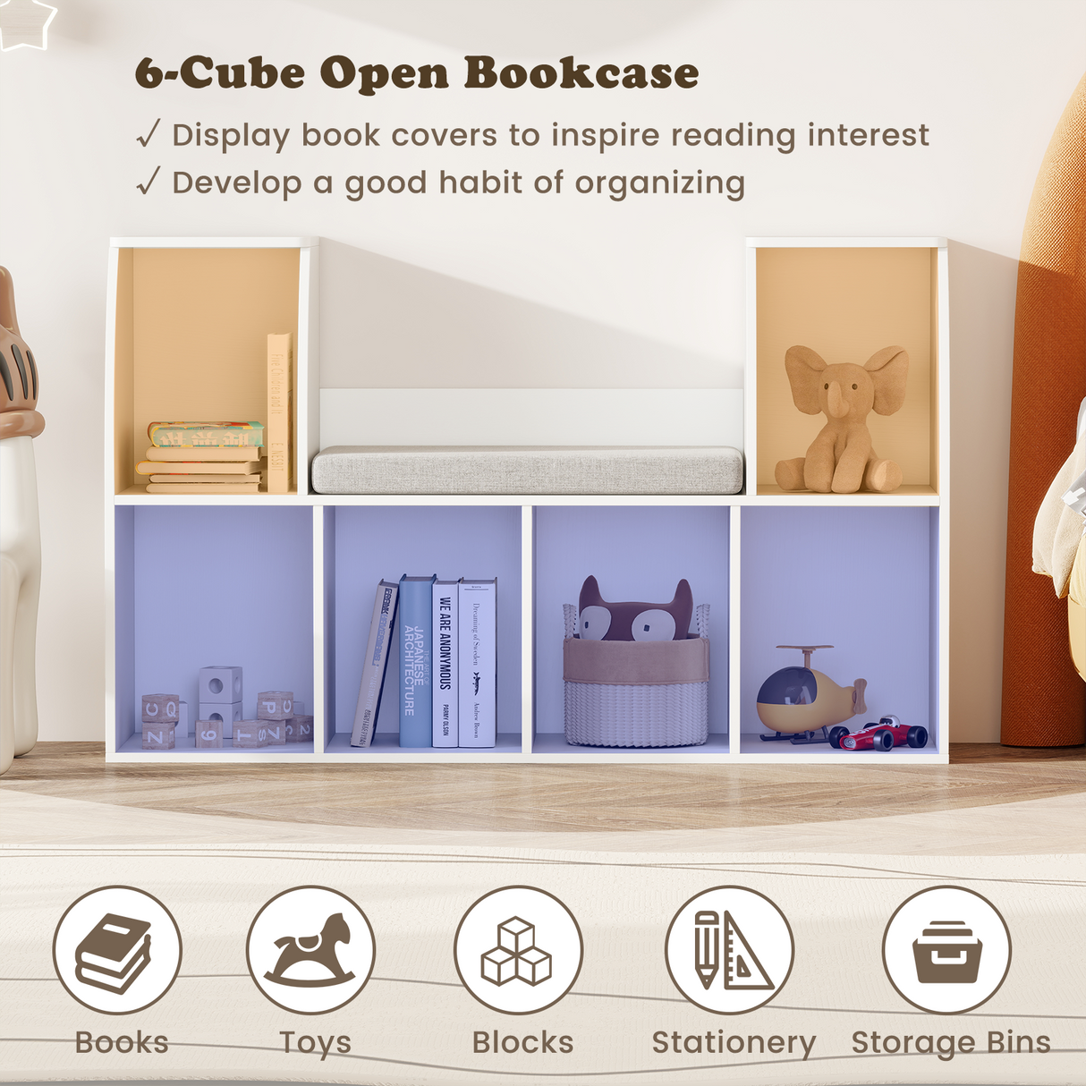 Estantería de 101,6 cm para niños con rincón de lectura, con 6 cubos abiertos, color blanco