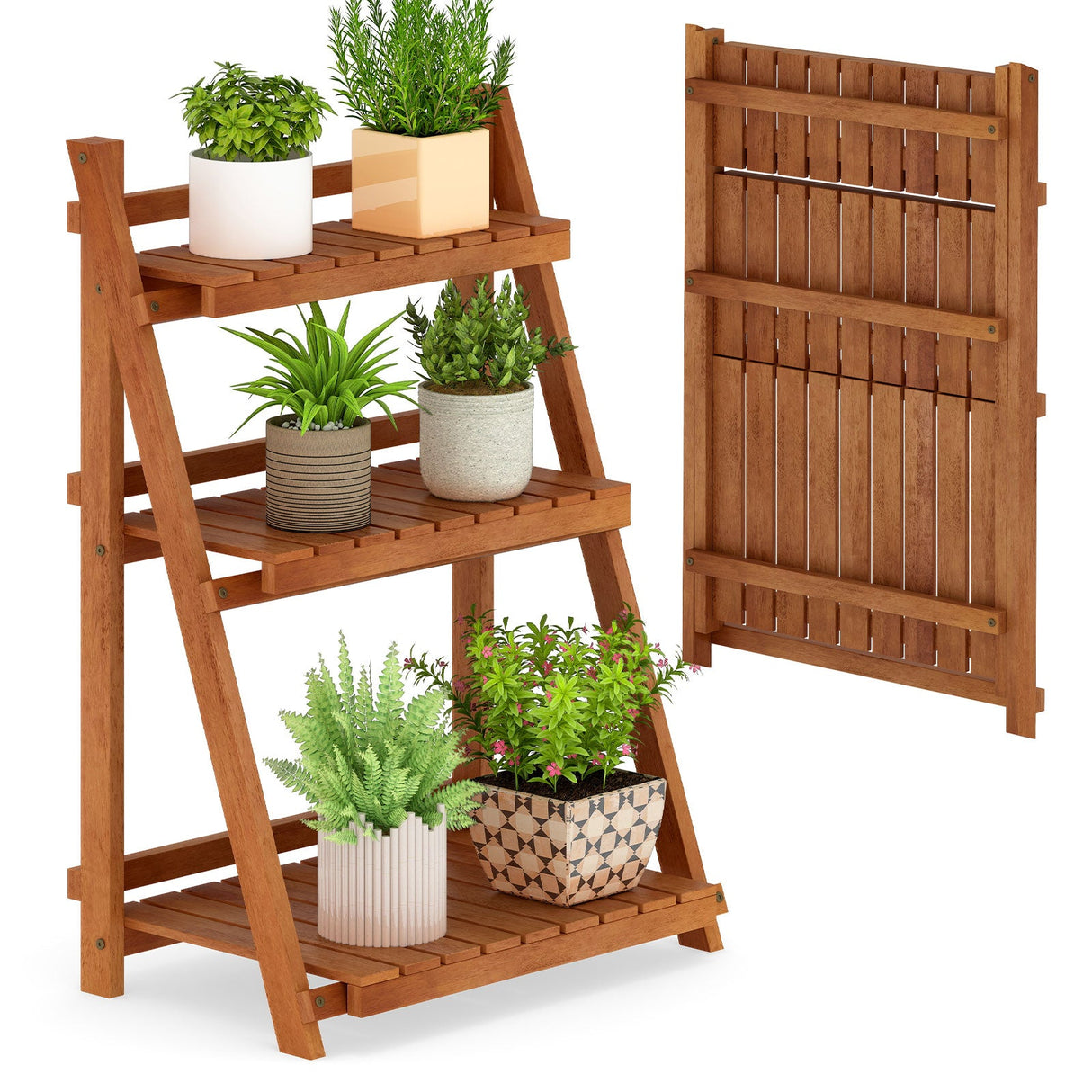 Soporte plegable de madera maciza de 3 niveles para plantas para balcón o patio