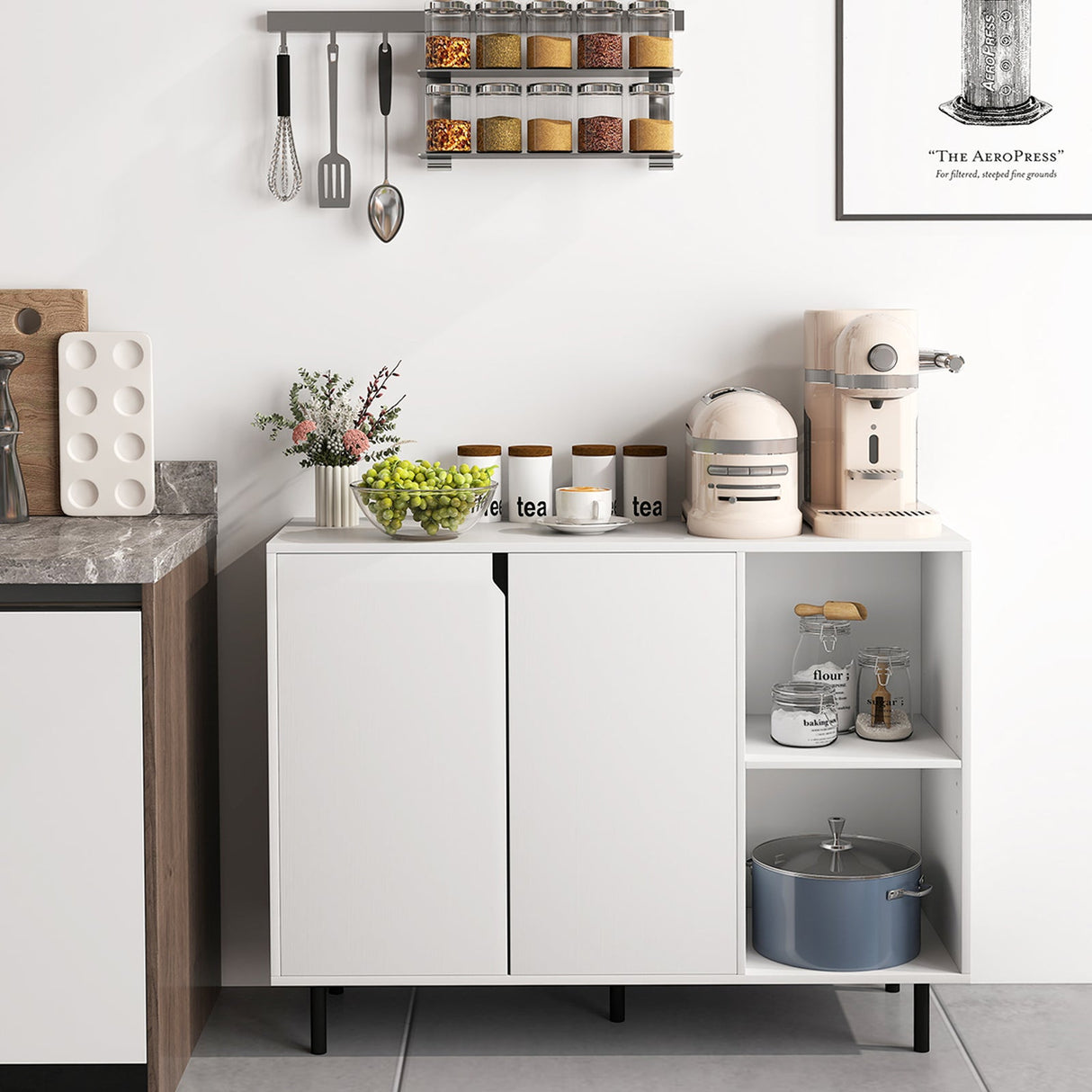 Aparador de cocina tipo bufé de 42 pulgadas con estantes ajustables - Blanco