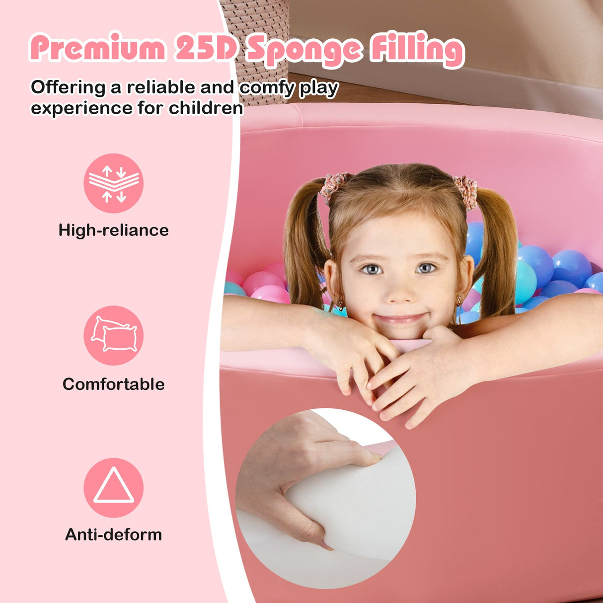 Foso de bolas redondo de espuma de 42.5 pulgadas con relleno de esponja 25D y cubierta de PU lavable para niños pequeños