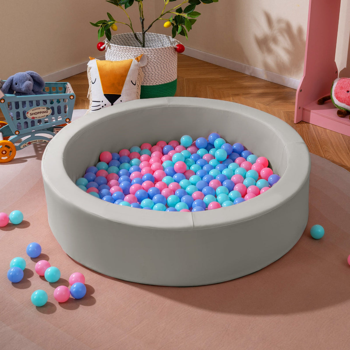 Foso de bolas redondo de espuma de 42.5 pulgadas con relleno de esponja 25D y cubierta de PU lavable para niños pequeños