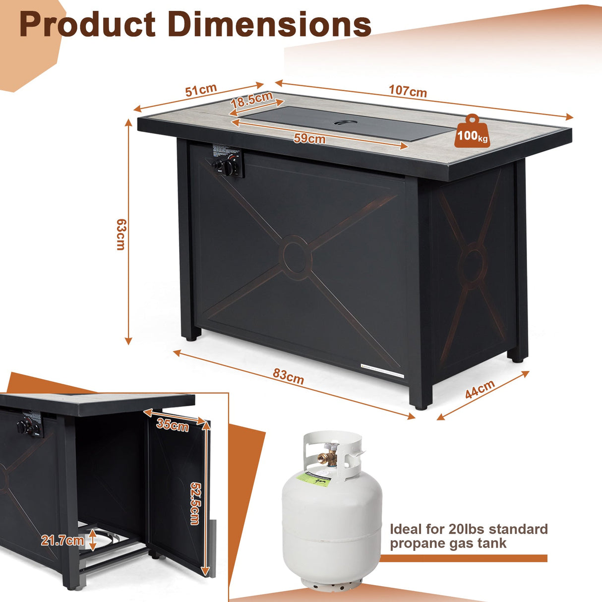 Mesa fogata de propano de 42 pulgadas y 60000 BTU con tablero de cerámica