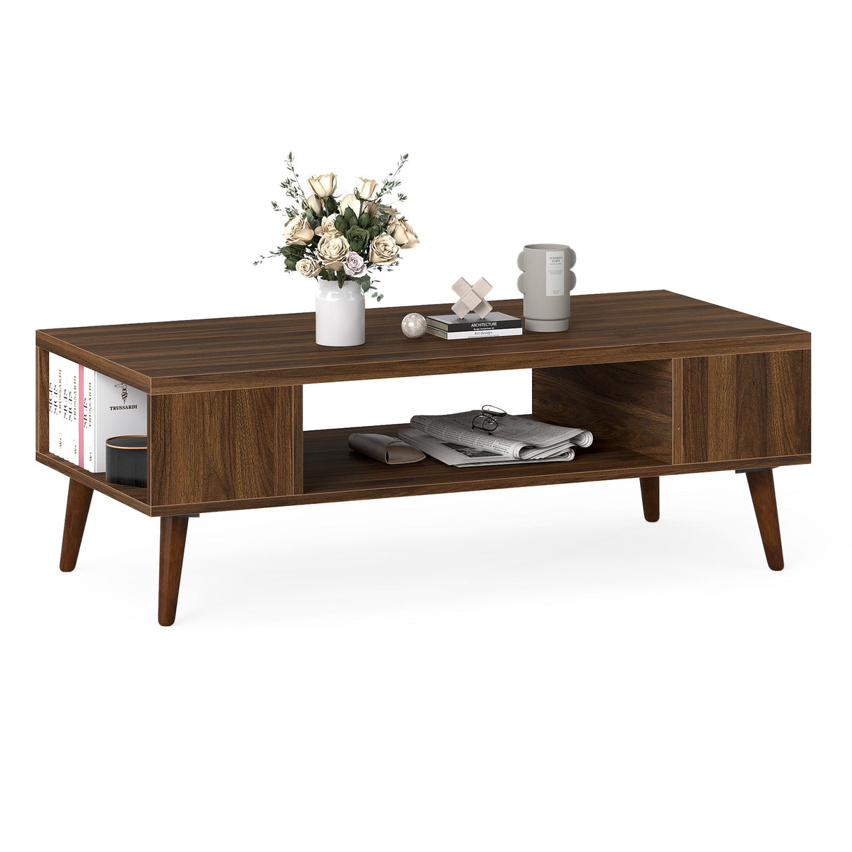 Mesa de centro rectangular de 42 pulgadas de estilo moderno de mediados de siglo con compartimento abierto-Nogal