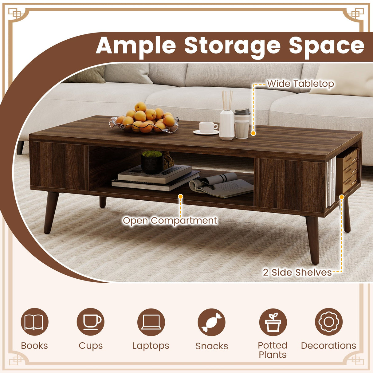 Mesa de centro rectangular de 42 pulgadas de estilo moderno de mediados de siglo con compartimento abierto-Nogal