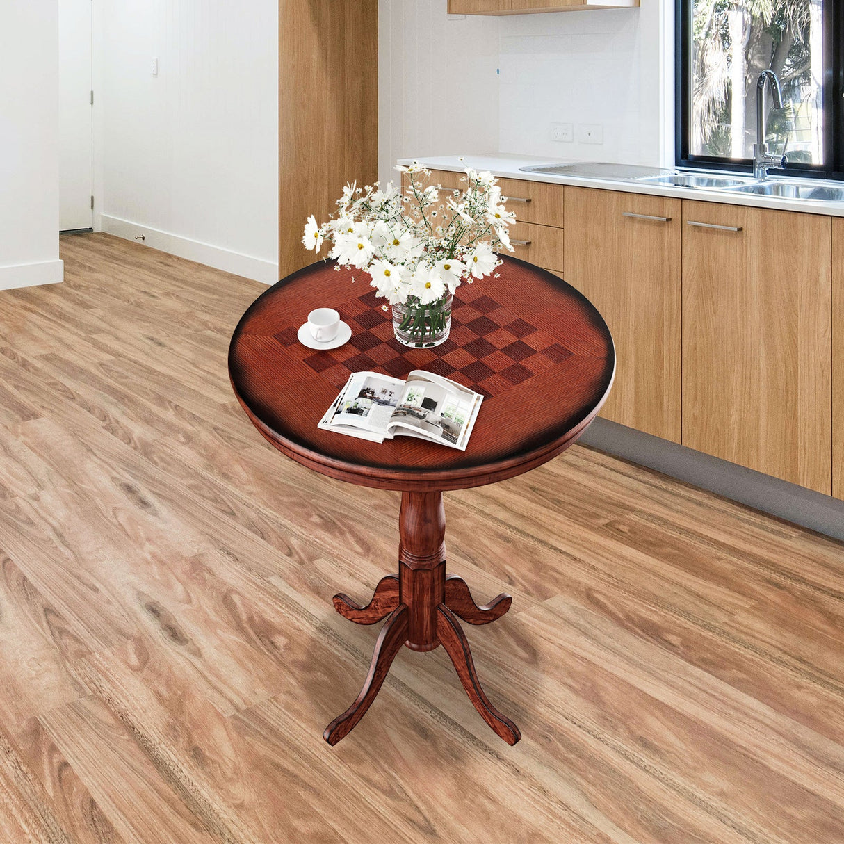Mesa auxiliar de pedestal redonda de madera de 42 pulgadas con tablero de ajedrez