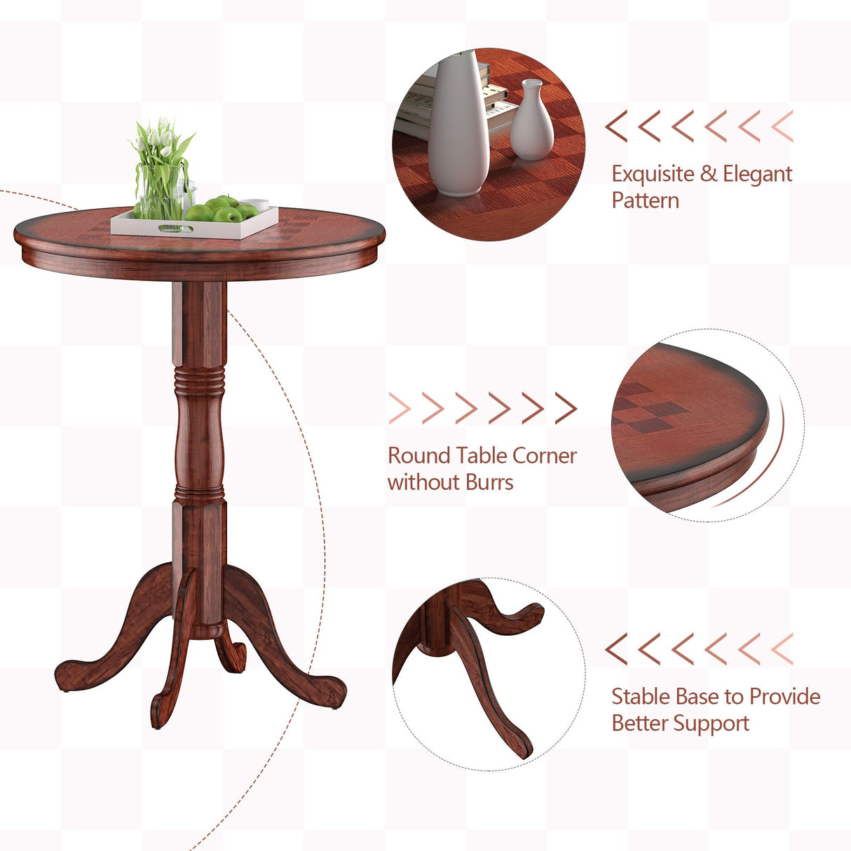 Mesa auxiliar de pedestal redonda de madera de 42 pulgadas con tablero de ajedrez