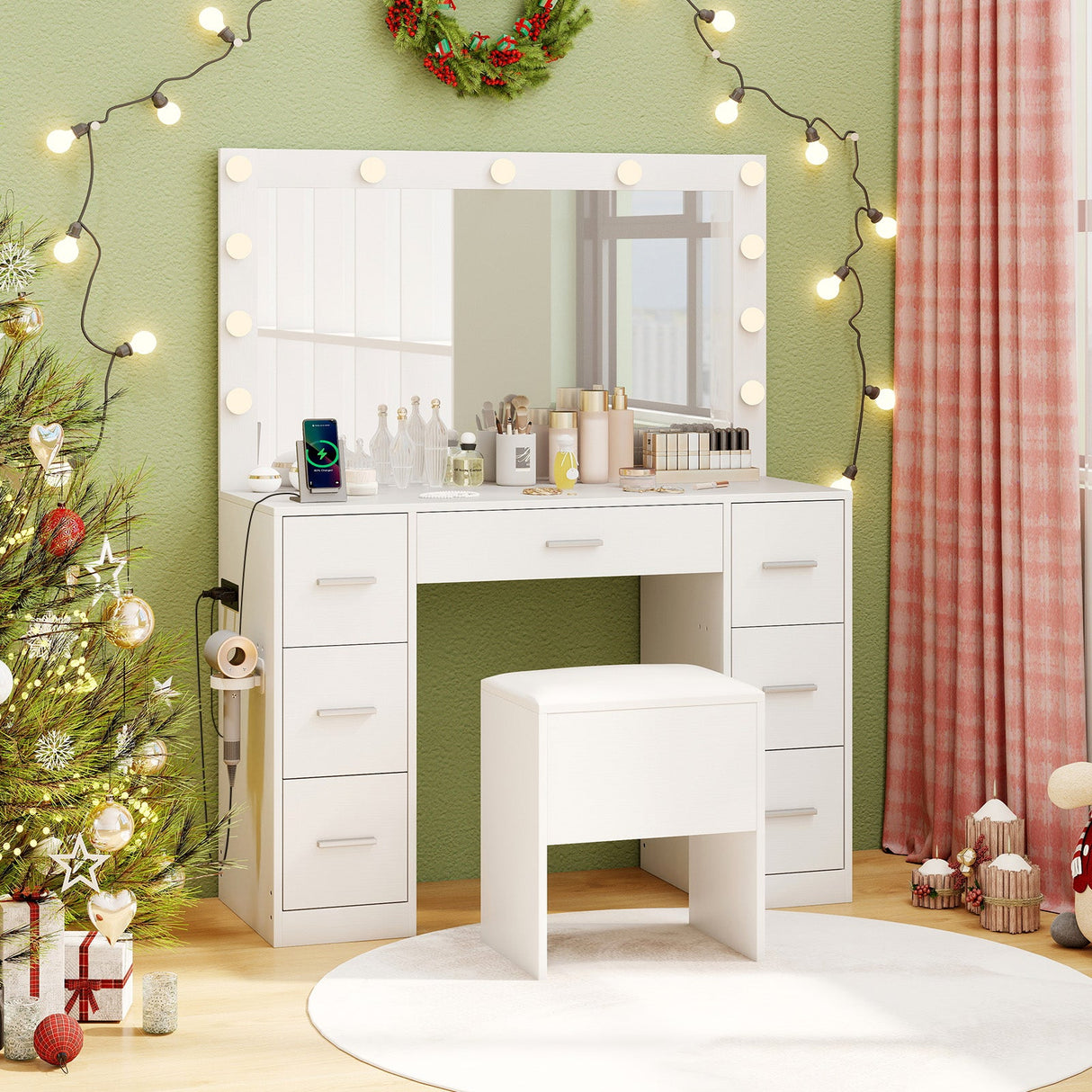 Tocador de 43.5 pulgadas con espejo y luces para dormitorio - Blanco