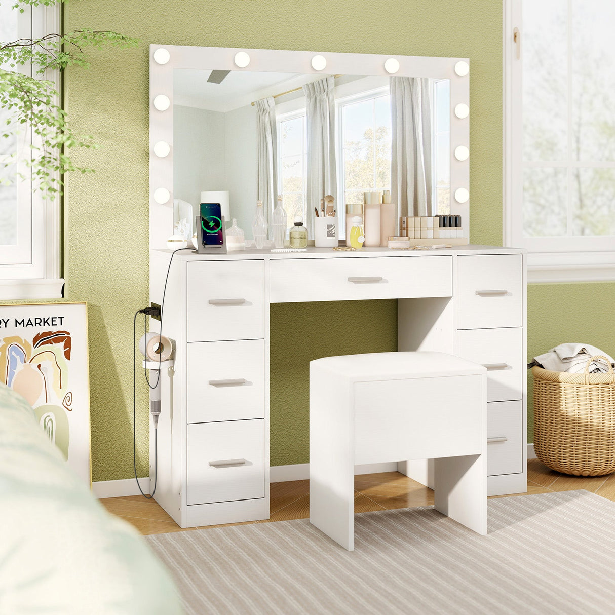 Tocador de 43.5 pulgadas con espejo y luces para dormitorio - Blanco