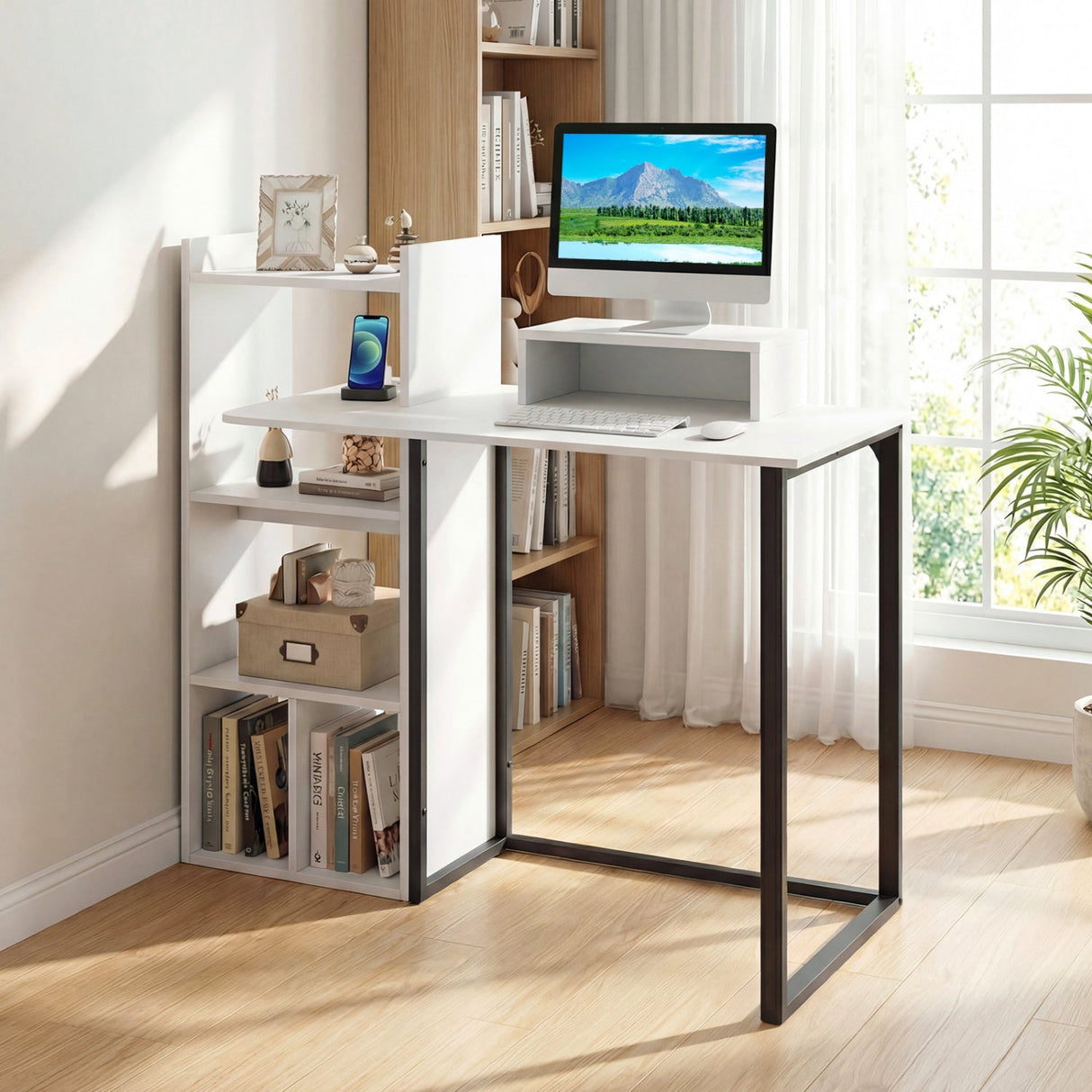 Escritorio de ordenador de 43,5" con estación de carga y soporte ergonómico para monitor - Blanco