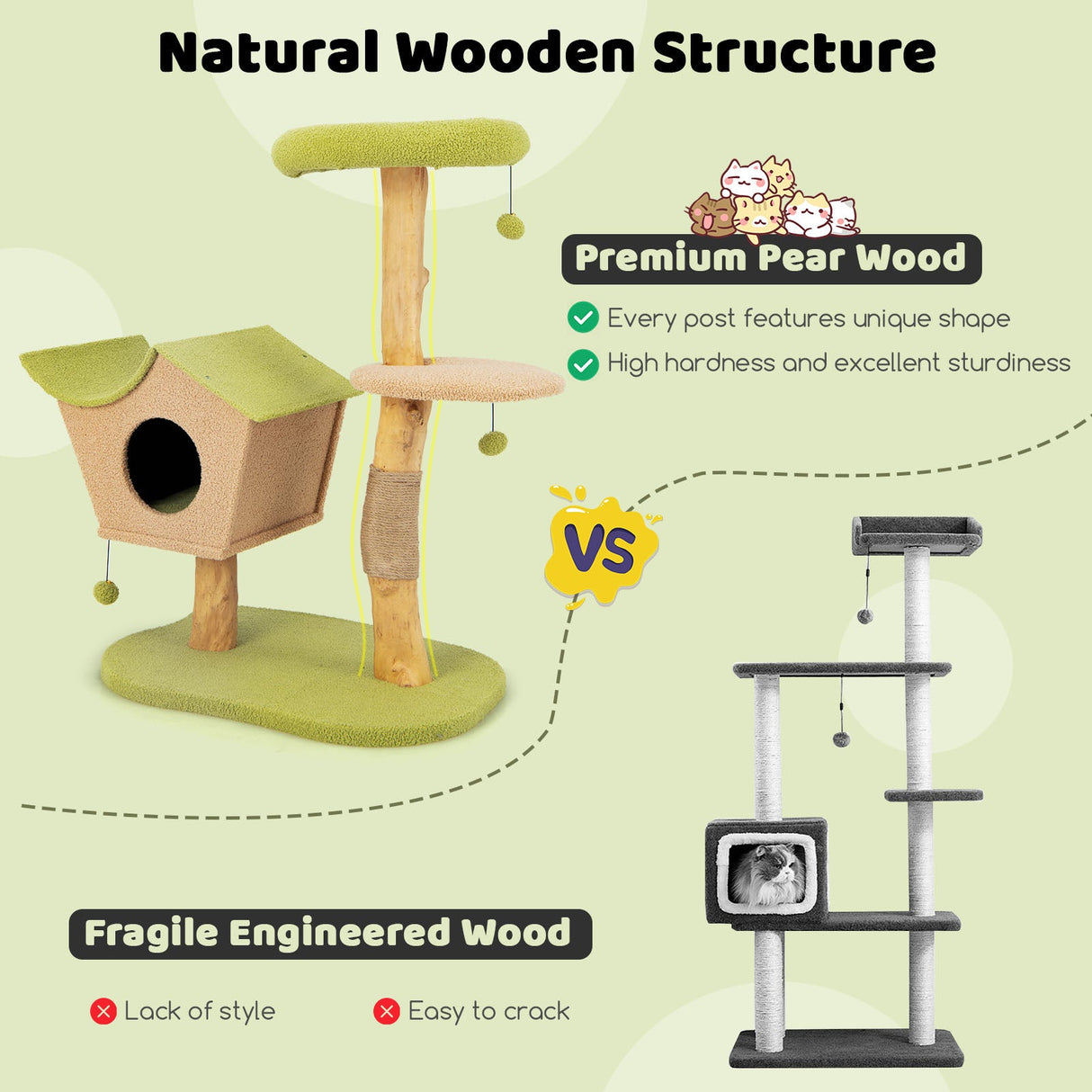 Árbol para gatos de madera de 43 pulgadas con percha superior acolchada - Verde