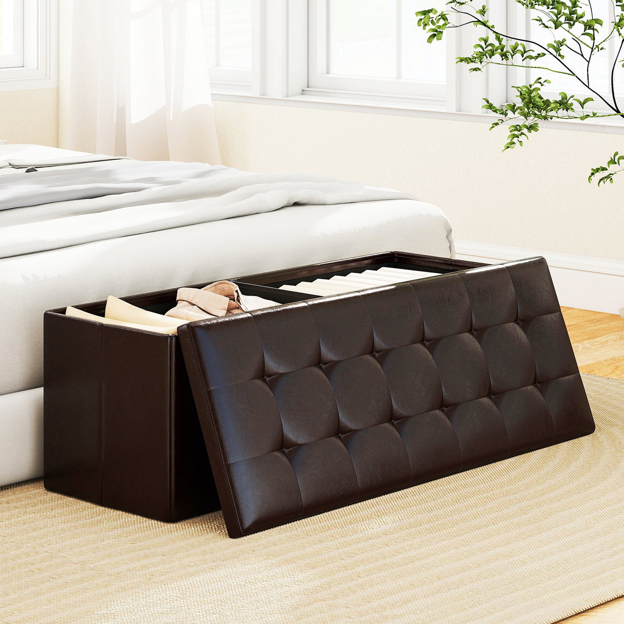 Banco otomano de almacenamiento plegable de 43 pulgadas, reposapiés, taburete, banco para pie de cama
