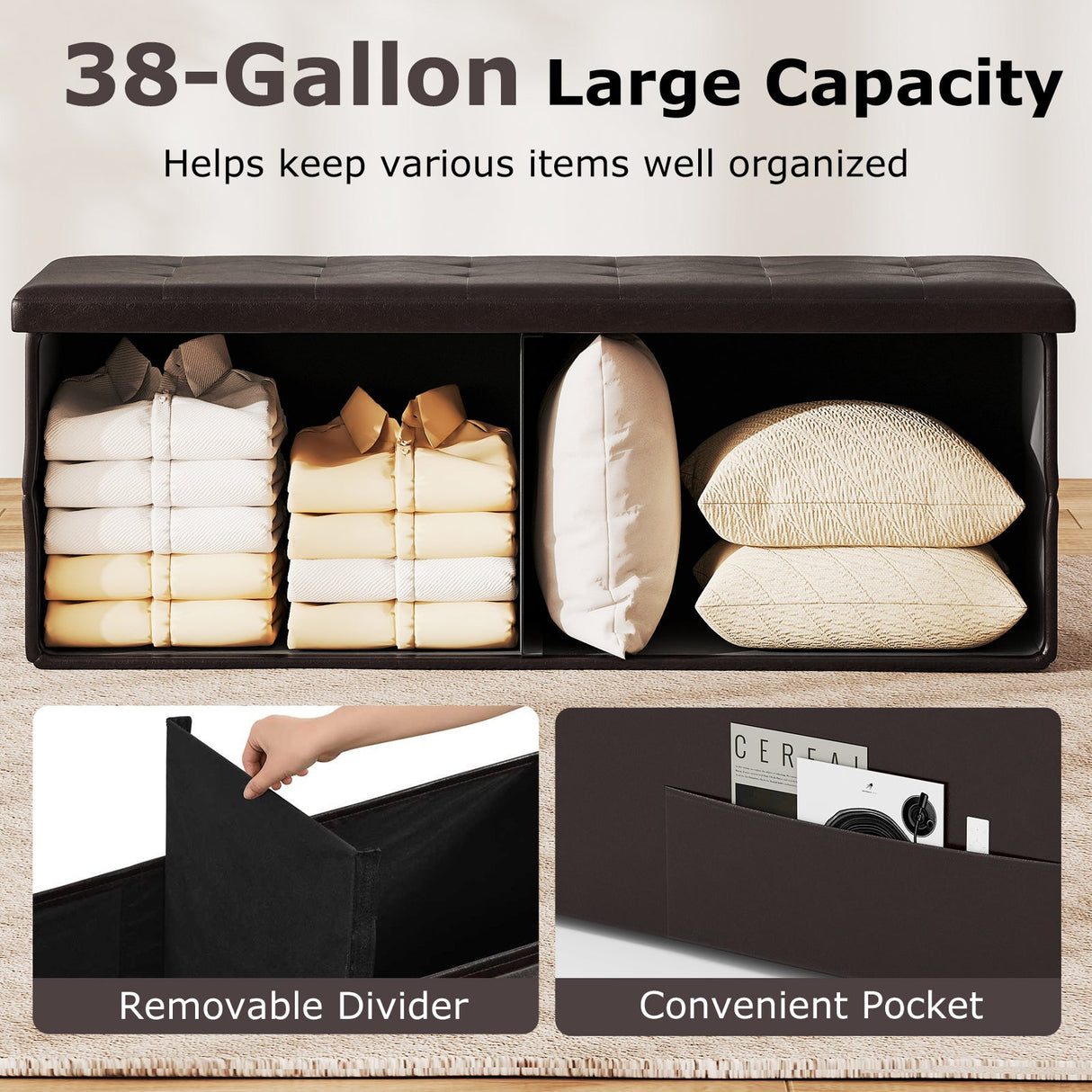 Banco otomano de almacenamiento plegable de 43 pulgadas, reposapiés, taburete, banco para pie de cama