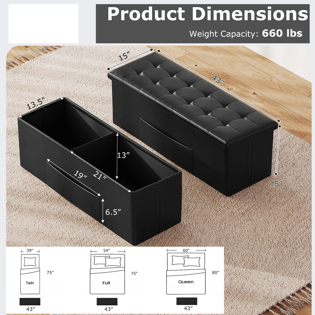 Banco otomano de almacenamiento plegable de 43 pulgadas, reposapiés, taburete, banco para pie de cama