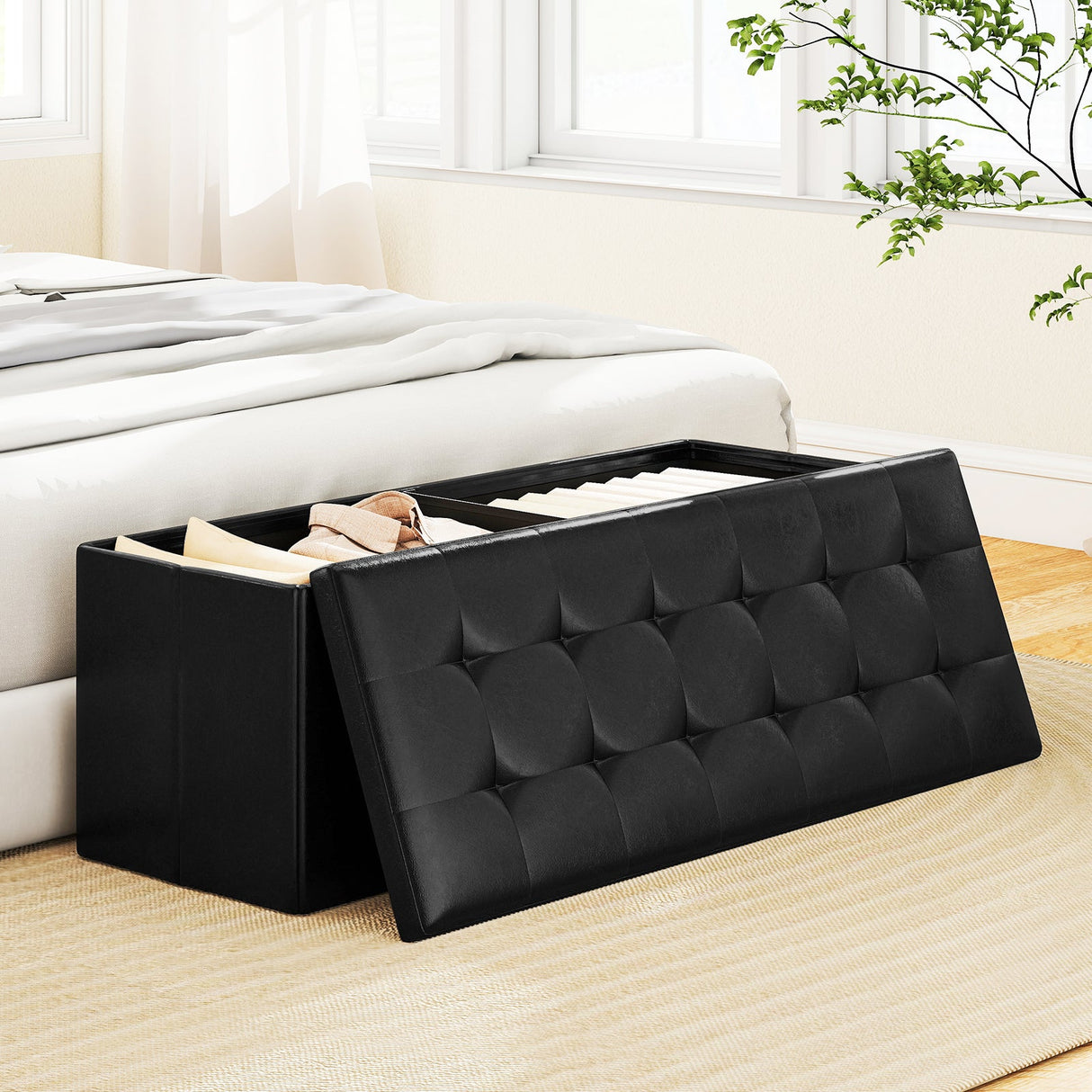 Banco otomano de almacenamiento plegable de 43 pulgadas, reposapiés, taburete, banco para pie de cama