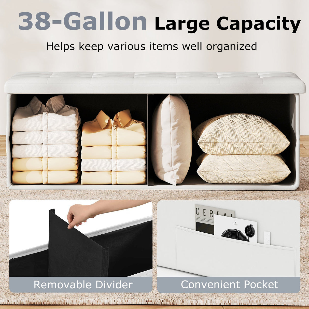 Banco otomano de almacenamiento plegable de 43 pulgadas, reposapiés, taburete, banco para pie de cama