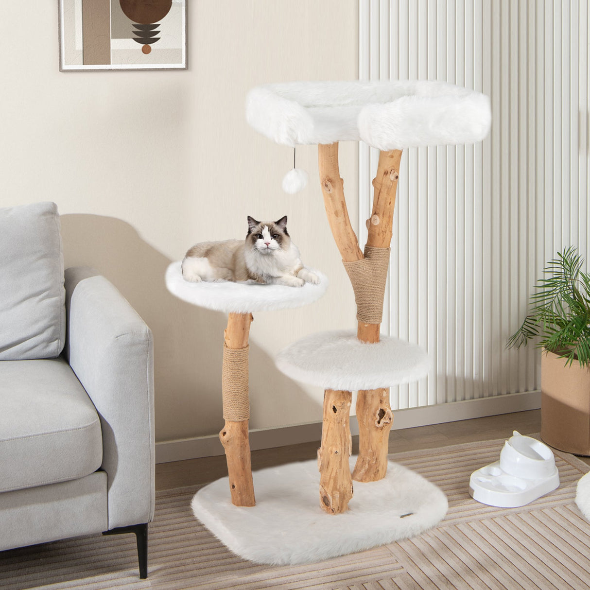 Árbol para gatos de madera maciza de 44 pulgadas con percha y postes rascadores de yute natural - Blanco