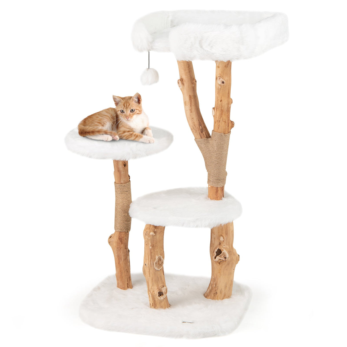 Árbol para gatos de madera maciza de 44 pulgadas con percha y postes rascadores de yute natural - Blanco