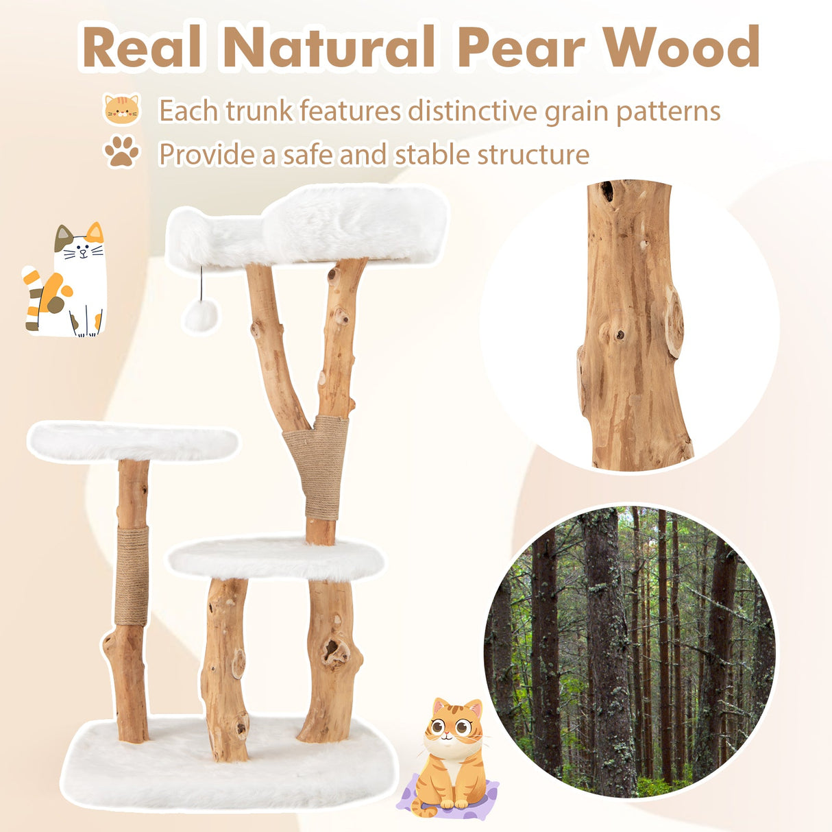 Árbol para gatos de madera maciza de 44 pulgadas con percha y postes rascadores de yute natural - Blanco
