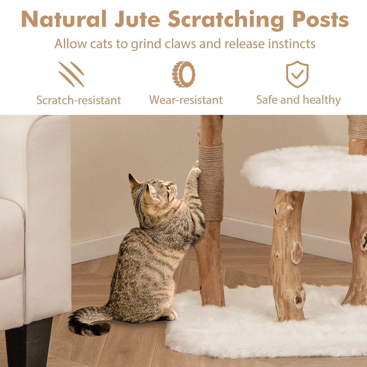 Árbol para gatos de madera maciza de 44 pulgadas con percha y postes rascadores de yute natural - Blanco