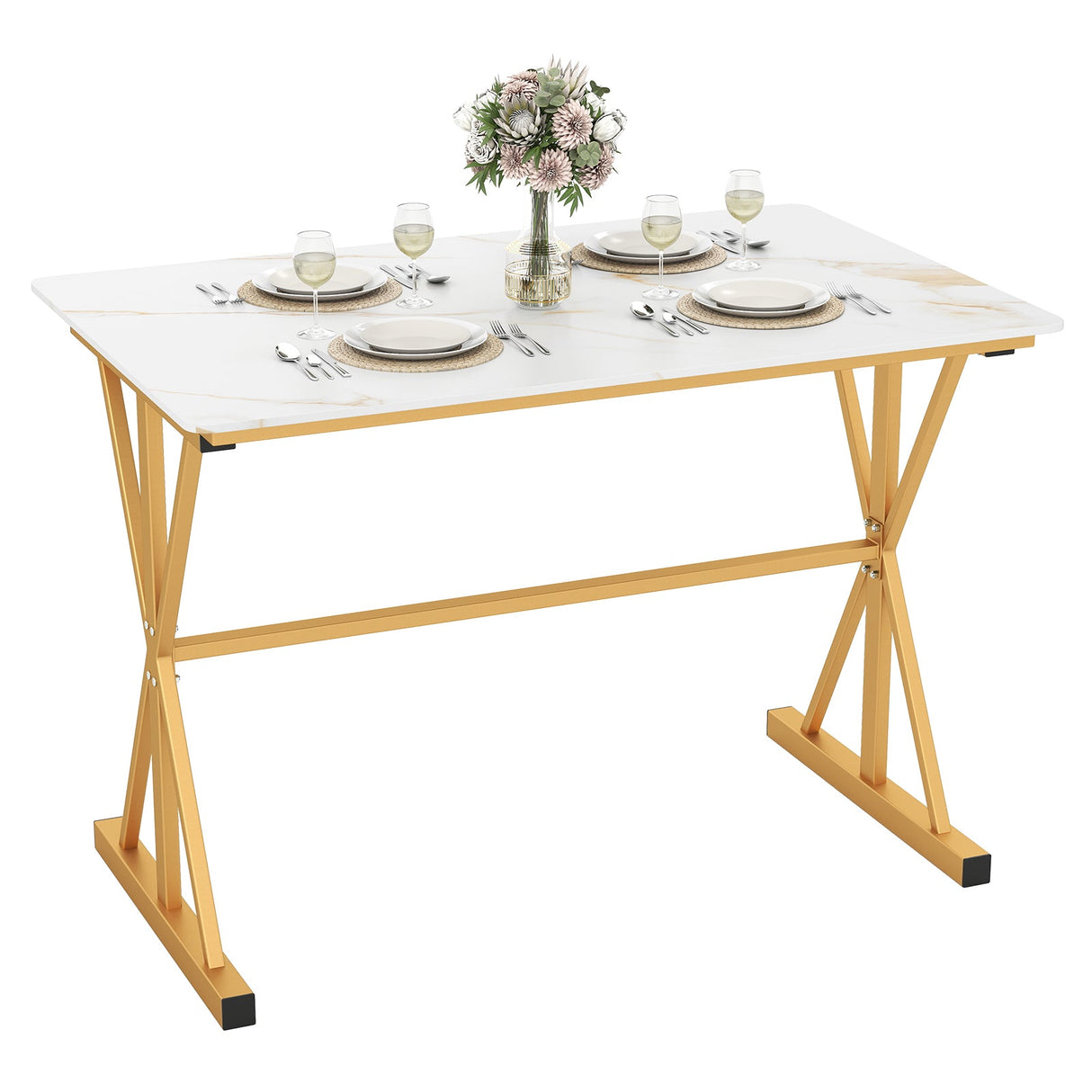 Mesa de comedor de piedra sinterizada de 44 pulgadas con estructura de metal y tablero de imitación mármol - Blanco