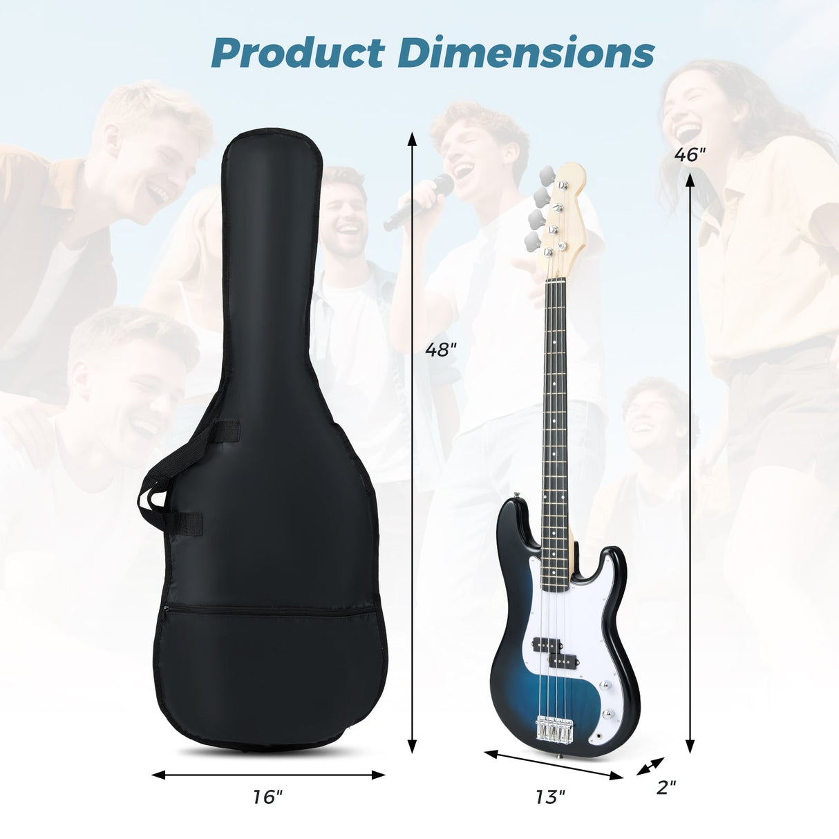 Bajo eléctrico de 45.5 pulgadas con doble pastilla y funda para principiantes