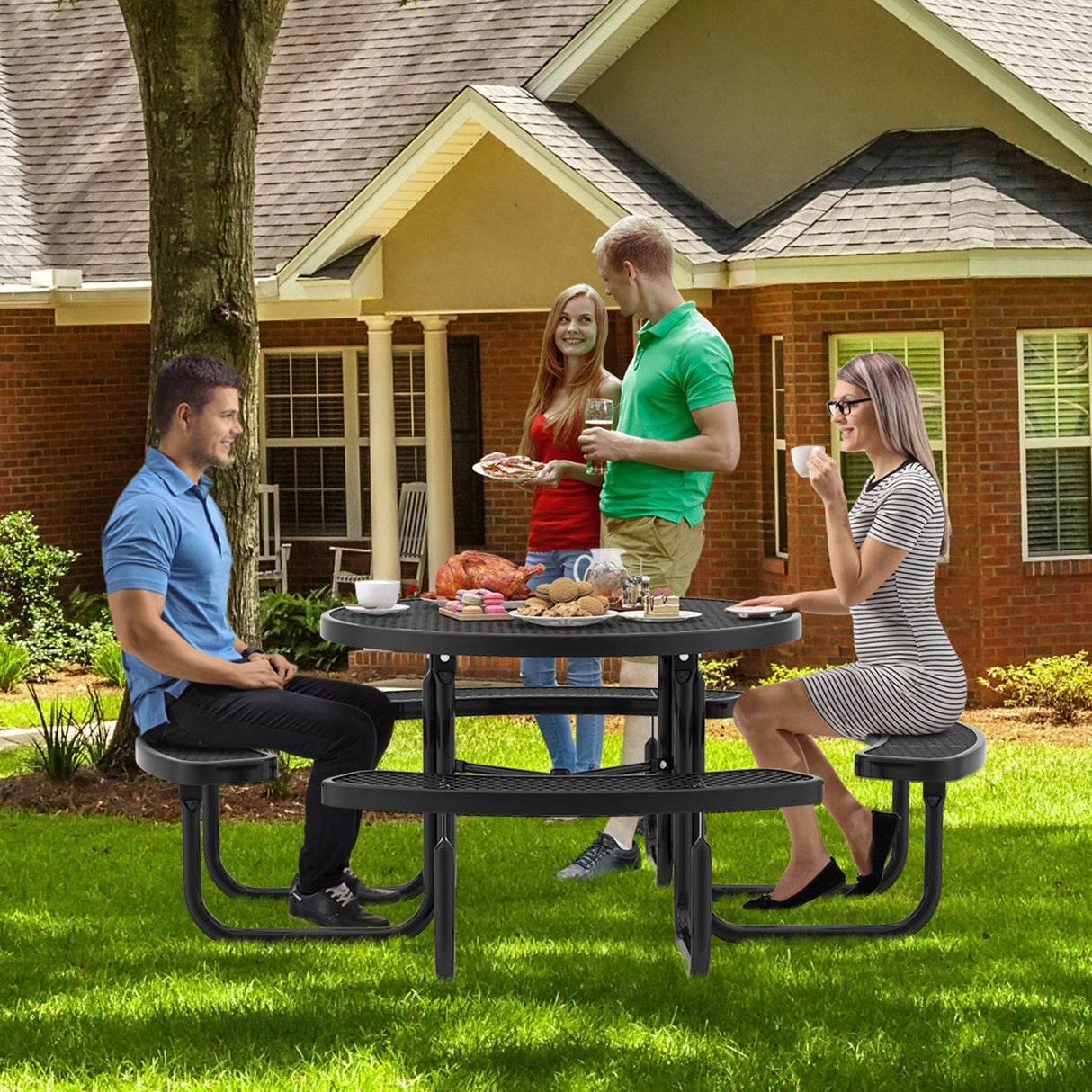 Mesa de picnic redonda exterior y juego de bancos para 8 personas de 45 pulgadas con orificio para sombrilla - Negro