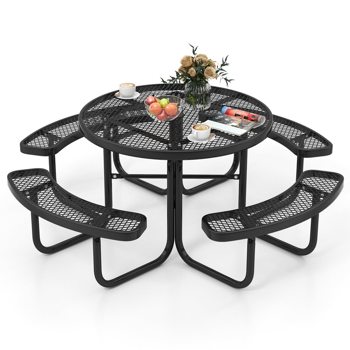Mesa de picnic redonda exterior y juego de bancos para 8 personas de 45 pulgadas con orificio para sombrilla - Negro