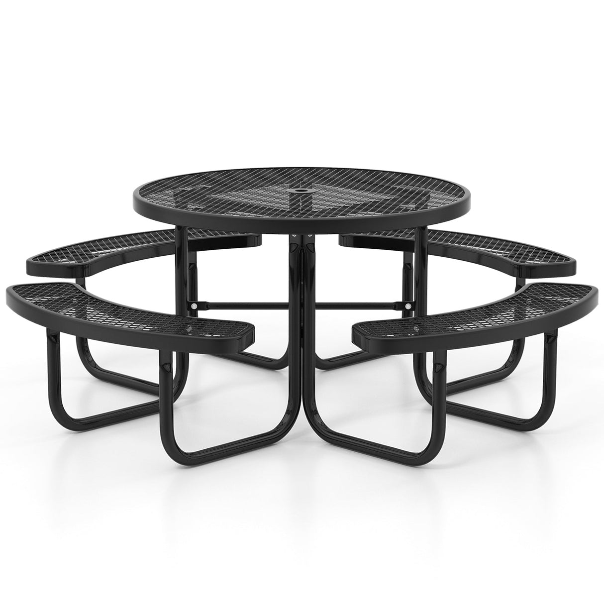 Mesa de picnic redonda exterior y juego de bancos para 8 personas de 45 pulgadas con orificio para sombrilla - Negro