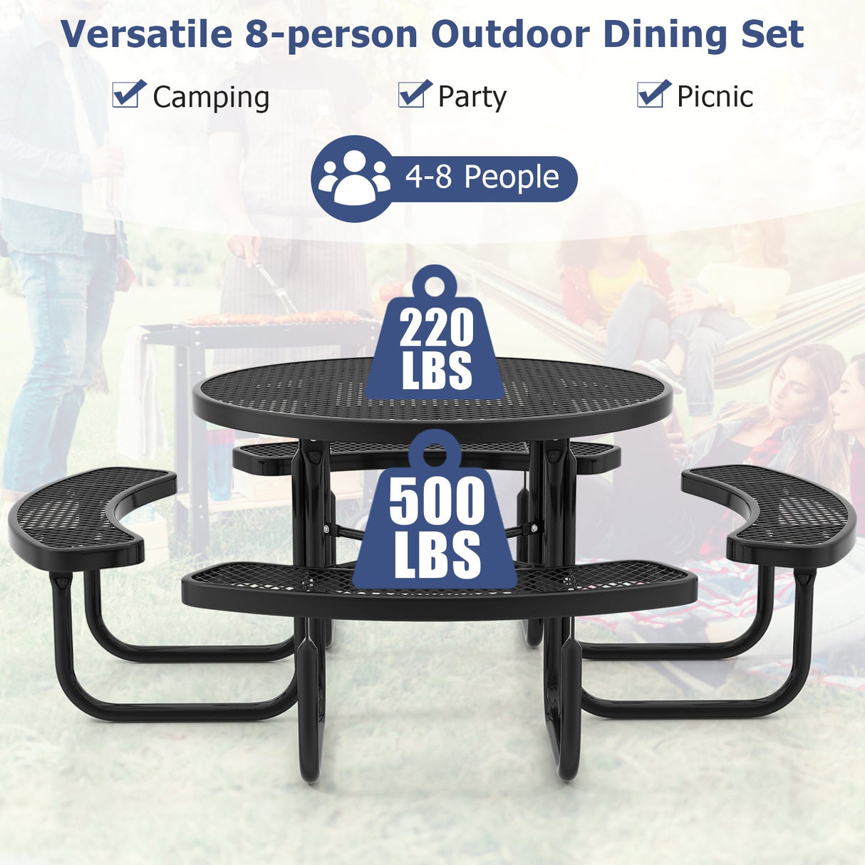 Mesa de picnic redonda exterior y juego de bancos para 8 personas de 45 pulgadas con orificio para sombrilla - Negro