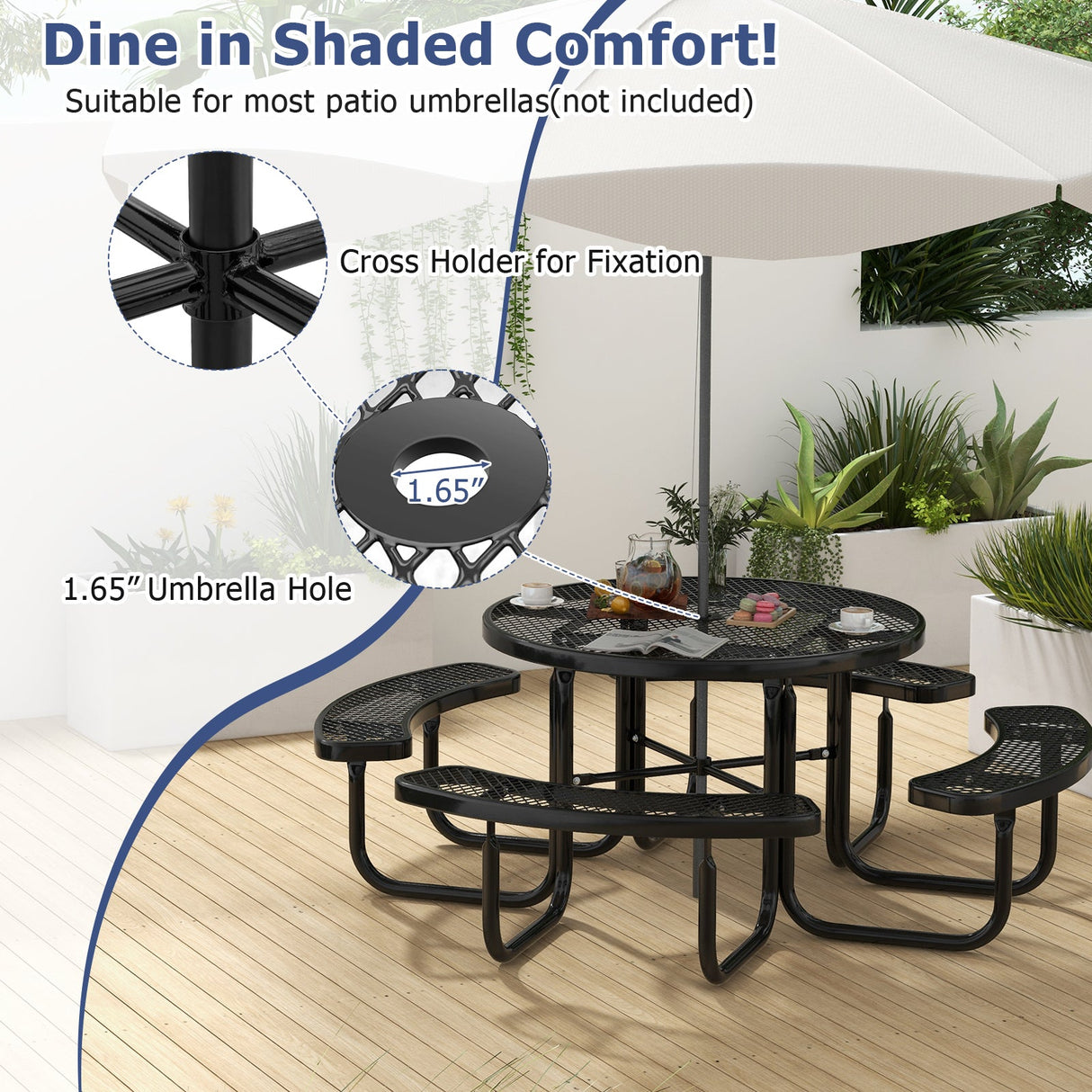 Mesa de picnic redonda exterior y juego de bancos para 8 personas de 45 pulgadas con orificio para sombrilla - Negro