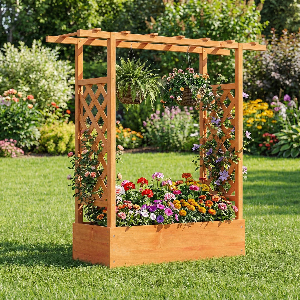 Cama de jardín elevada de madera de 45 pulgadas de alto con celosía lateral y techo colgante