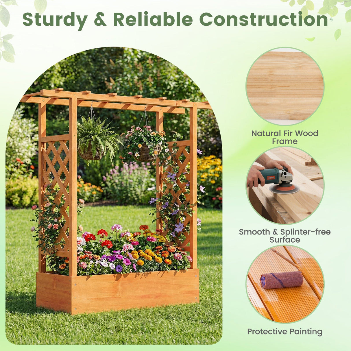 Cama de jardín elevada de madera de 45 pulgadas de alto con celosía lateral y techo colgante