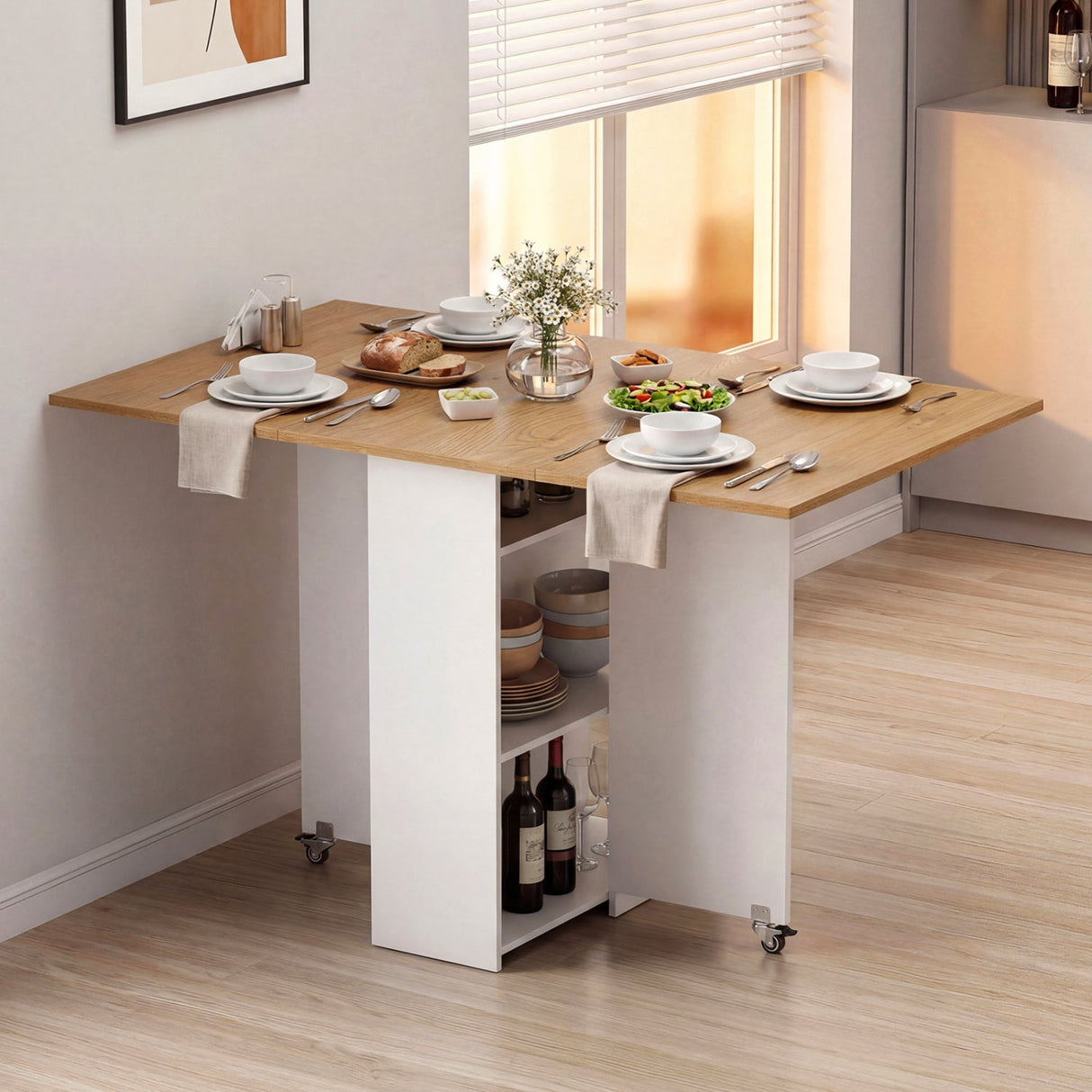 Mesa de comedor de madera extensible estilo rústico de 47.5 pulgadas con ruedas bloqueables
