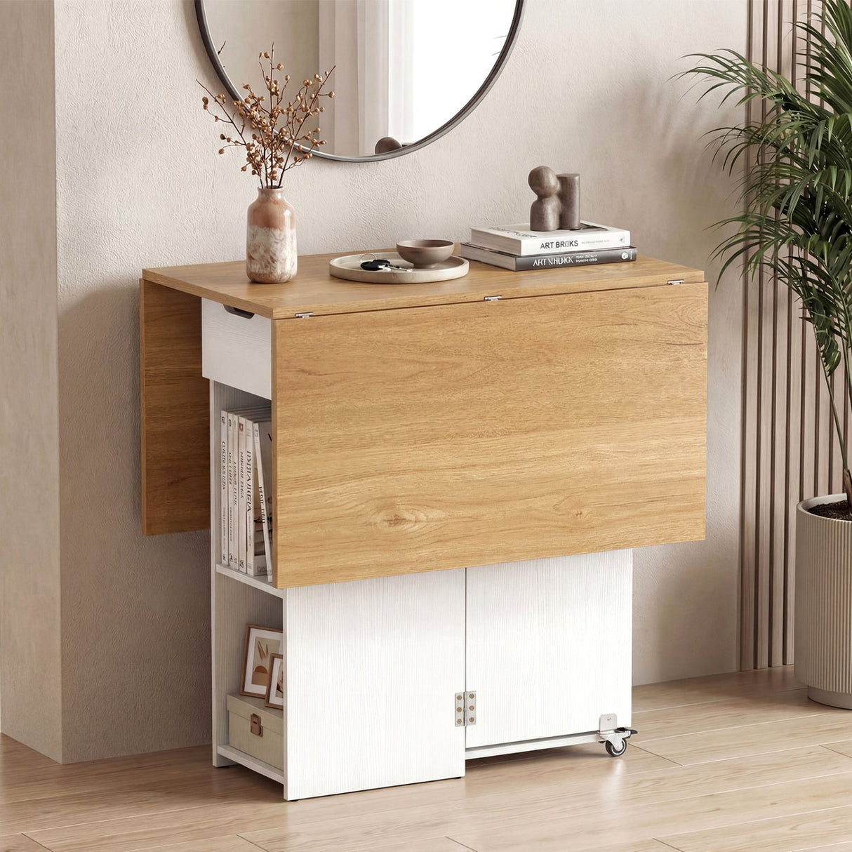 Mesa de comedor de madera extensible estilo rústico de 47.5 pulgadas con ruedas bloqueables