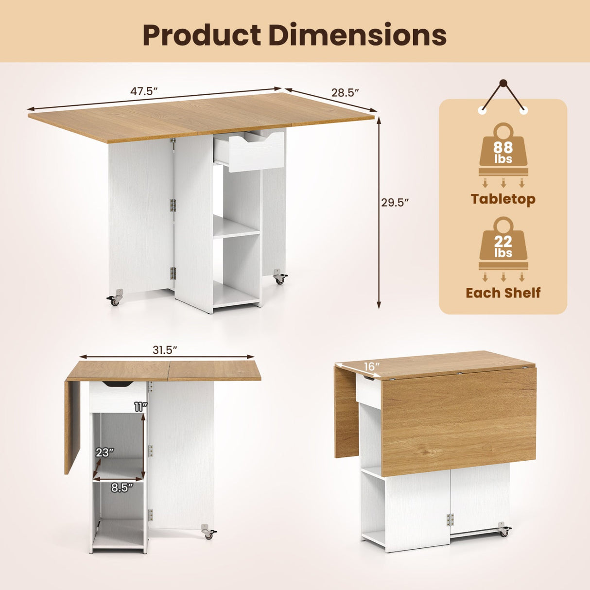 Mesa de comedor de madera extensible estilo rústico de 47.5 pulgadas con ruedas bloqueables