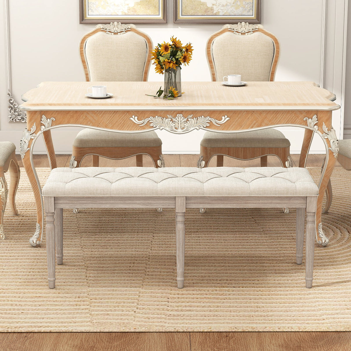 47.5 Inch Upholstered Bench with Carved Rubber Wood Legs and Padded Seat-Beige