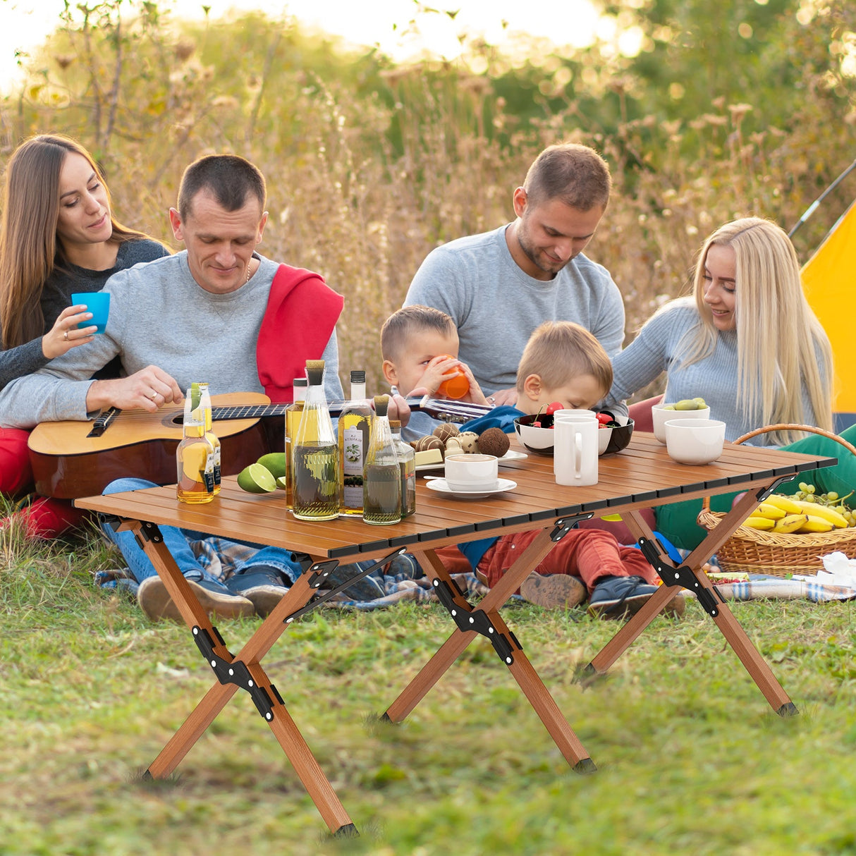 Mesa de camping plegable de aluminio ligero con vetas de madera - L