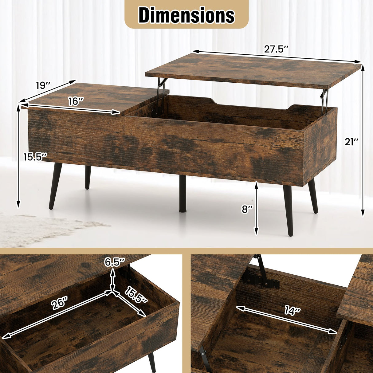 Mesa de centro elevable de 47 pulgadas con 2 compartimentos ocultos