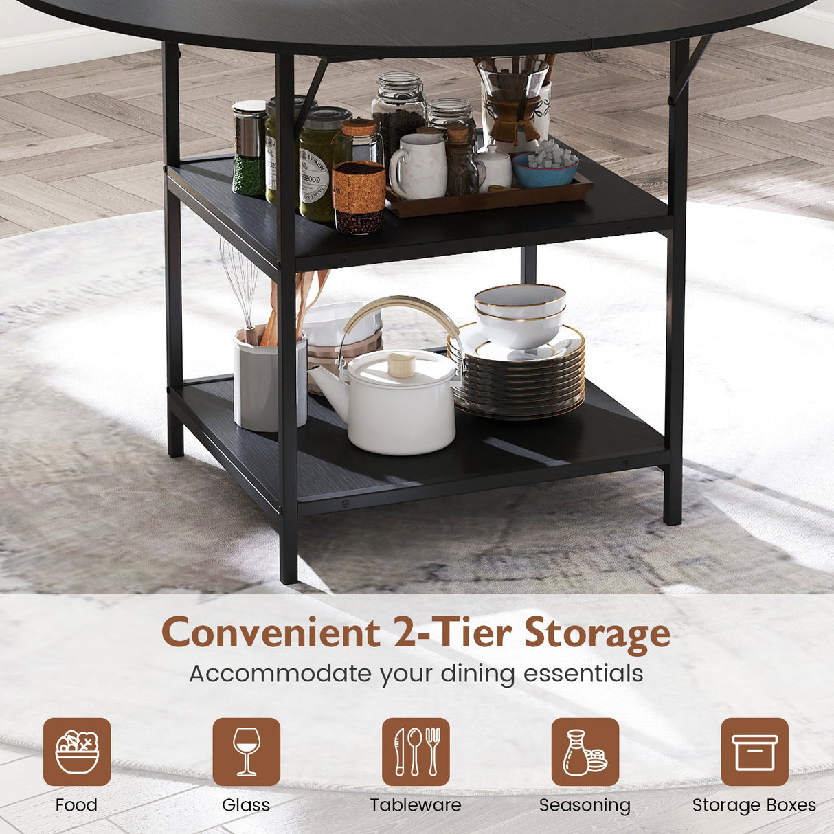 Mesa de comedor redonda de 47 pulgadas para 4-6 personas, mesa de cocina grande con estantes de almacenamiento de 2 niveles