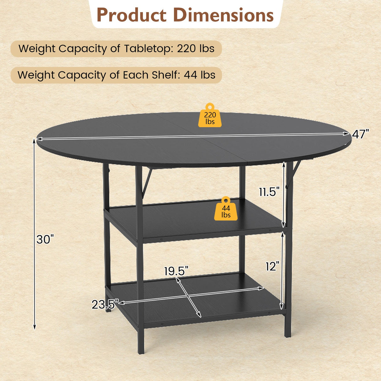 Mesa de comedor redonda de 47 pulgadas para 4-6 personas, mesa de cocina grande con estantes de almacenamiento de 2 niveles