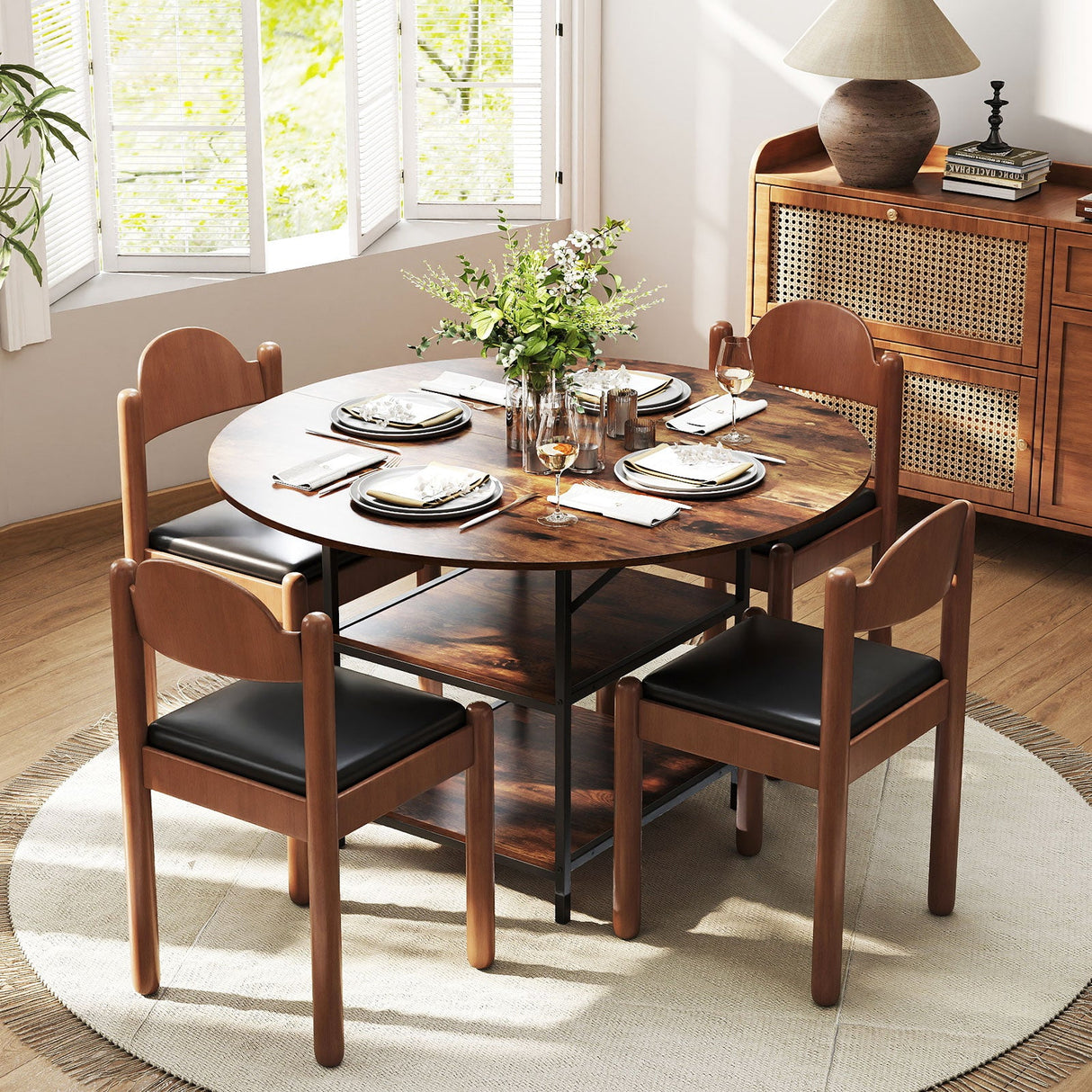 Mesa de comedor redonda de 47 pulgadas para 4-6 personas, mesa de cocina grande con estantes de almacenamiento de 2 niveles