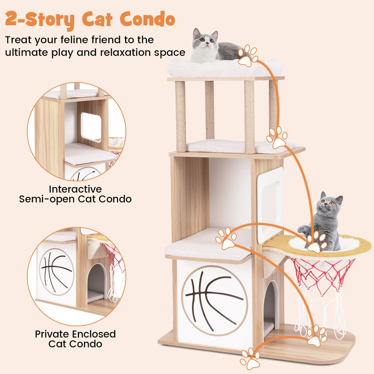 Árbol de gato de madera de 47 pulgadas con condominio para gatos de 2 pisos y hamaca de baloncesto - Natural