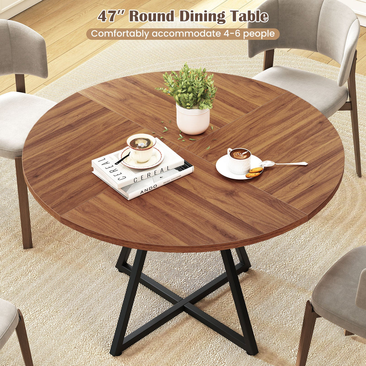 Mesa de comedor redonda de 47 pulgadas para 4 personas con estante de almacenamiento - Marrón