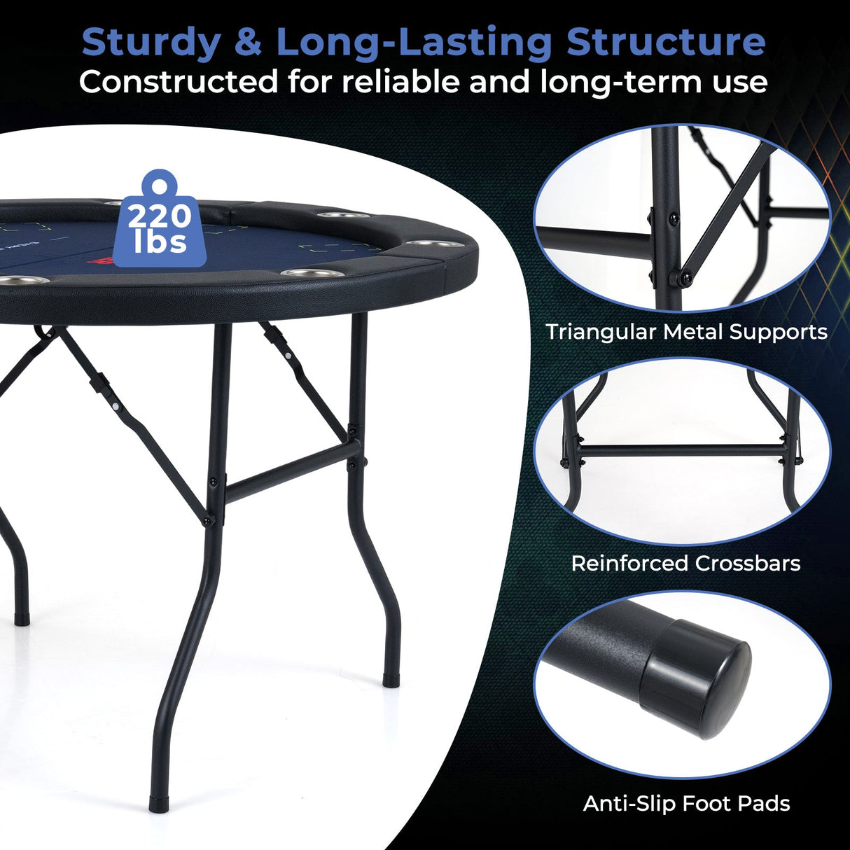 48 Inch Foldable Poker Table with 8 Cup Holders and Padded Edges