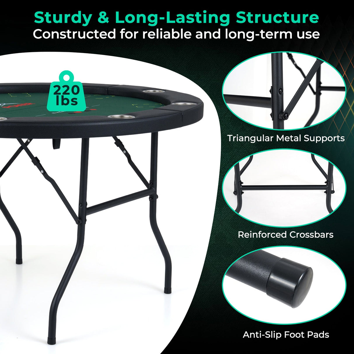 48 Inch Foldable Poker Table with 8 Cup Holders and Padded Edges