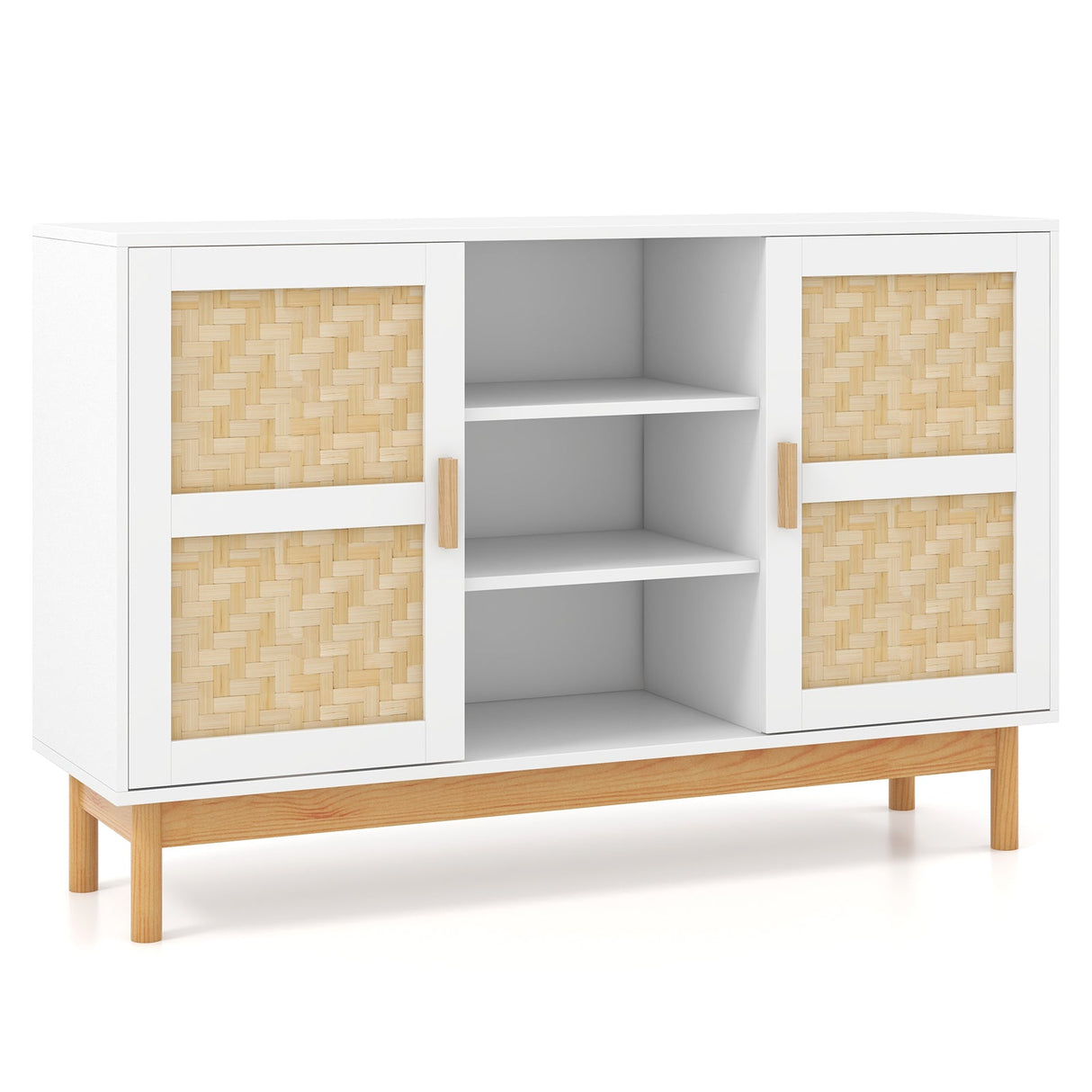 Mueble aparador bufé de 48 pulgadas con 2 puertas de bambú tejidas para almacenamiento en el suelo - Blanco